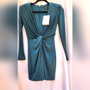 Nookie Lust Plunge V-Neck Long Sleeve Bodycon Mini Dress Teal Blue